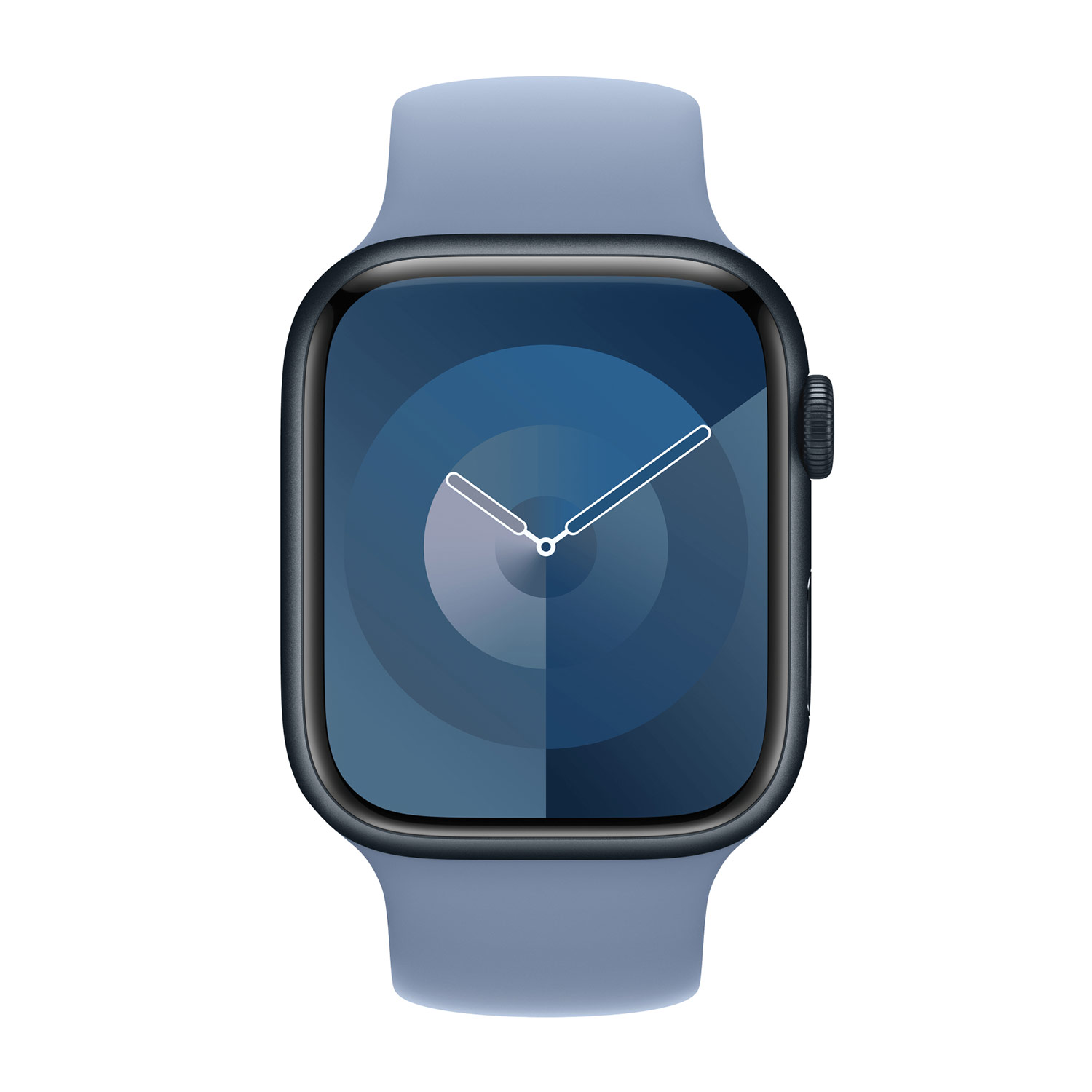Uno smartwatch blu con quadrante scuro e lancette bianche.