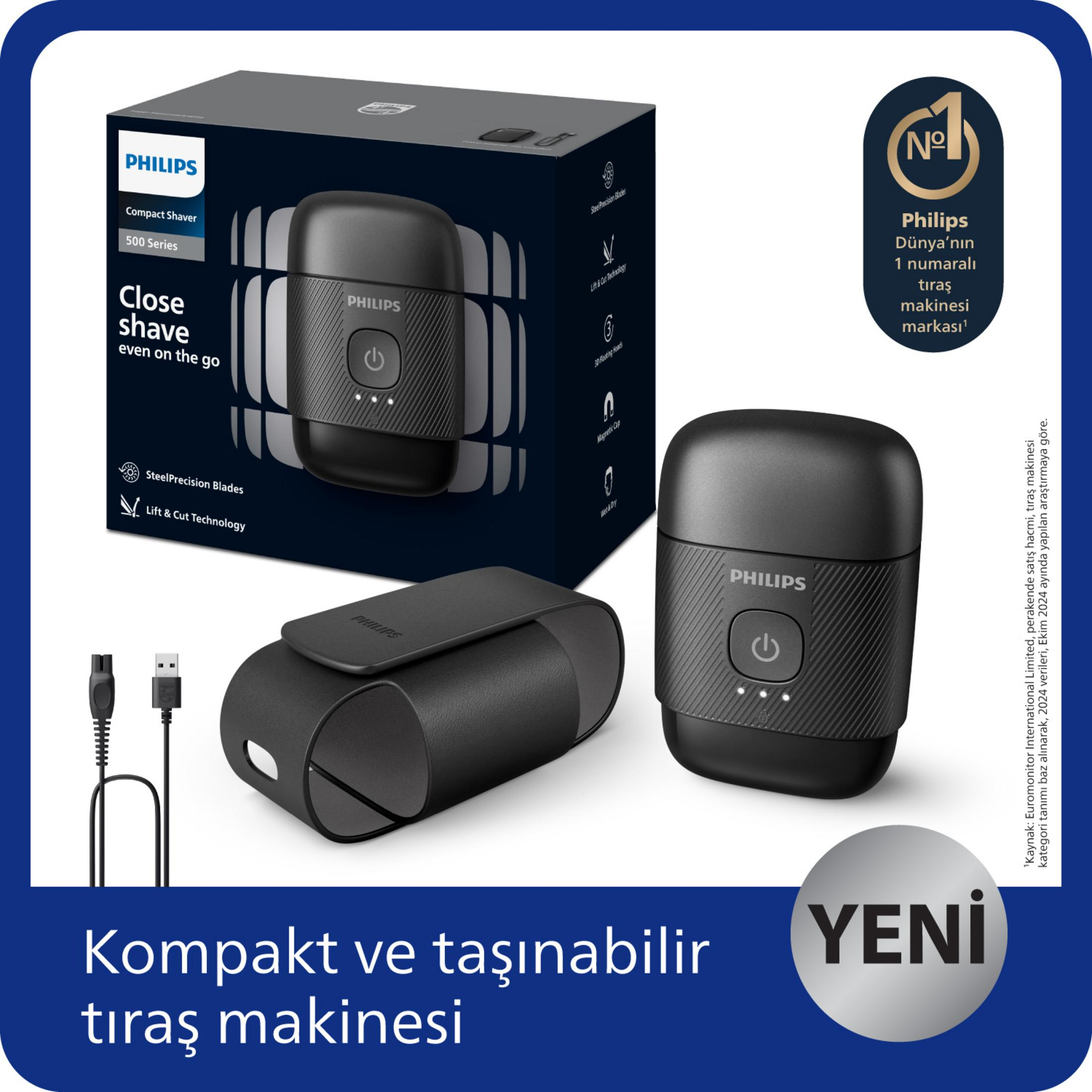 Rasoio Compatto Philips Serie 500 con accessori e confezione.