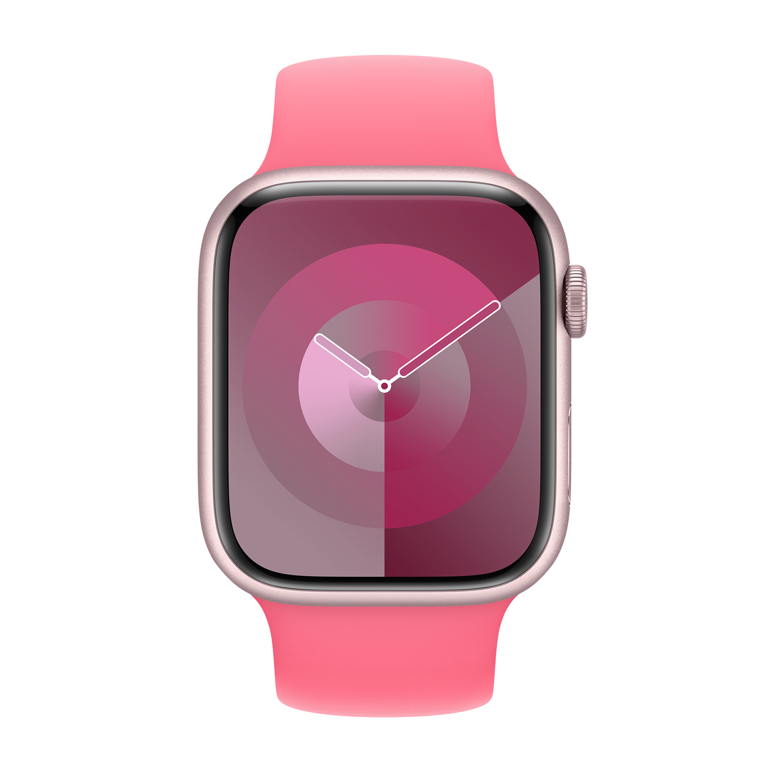Uno smartwatch rosa con quadrante circolare in sfumature di rosso.