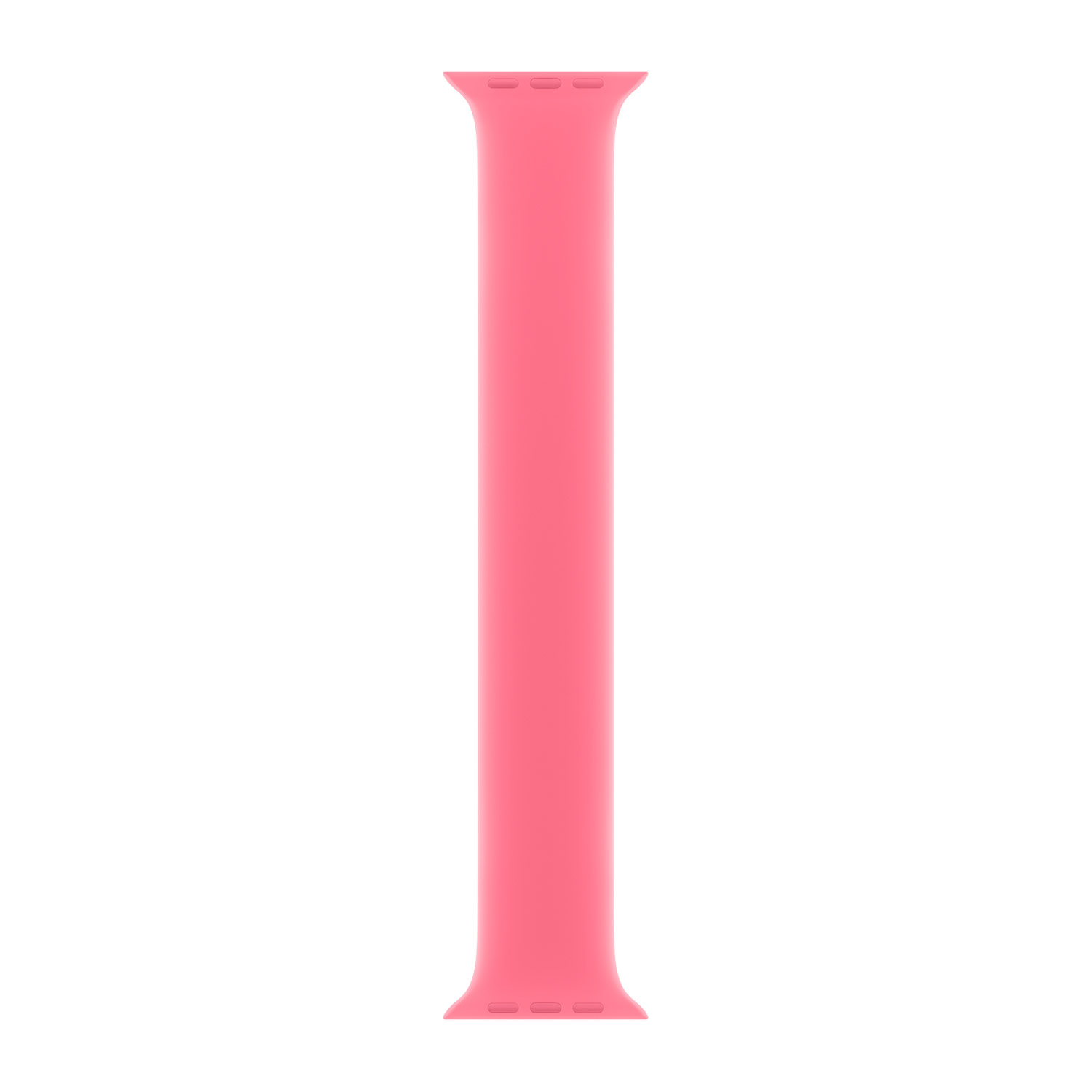 Un singolo cinturino Apple Watch rosa, stretto e non decorato, appoggiato piatto.
