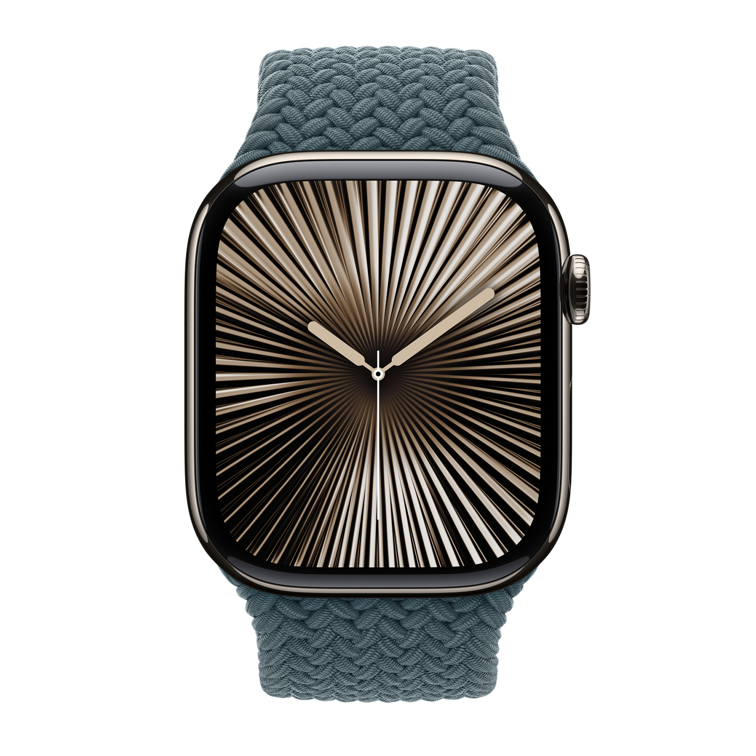 Un cinturino Apple Watch intrecciato blu petrolio con quadrante radiale dorato.