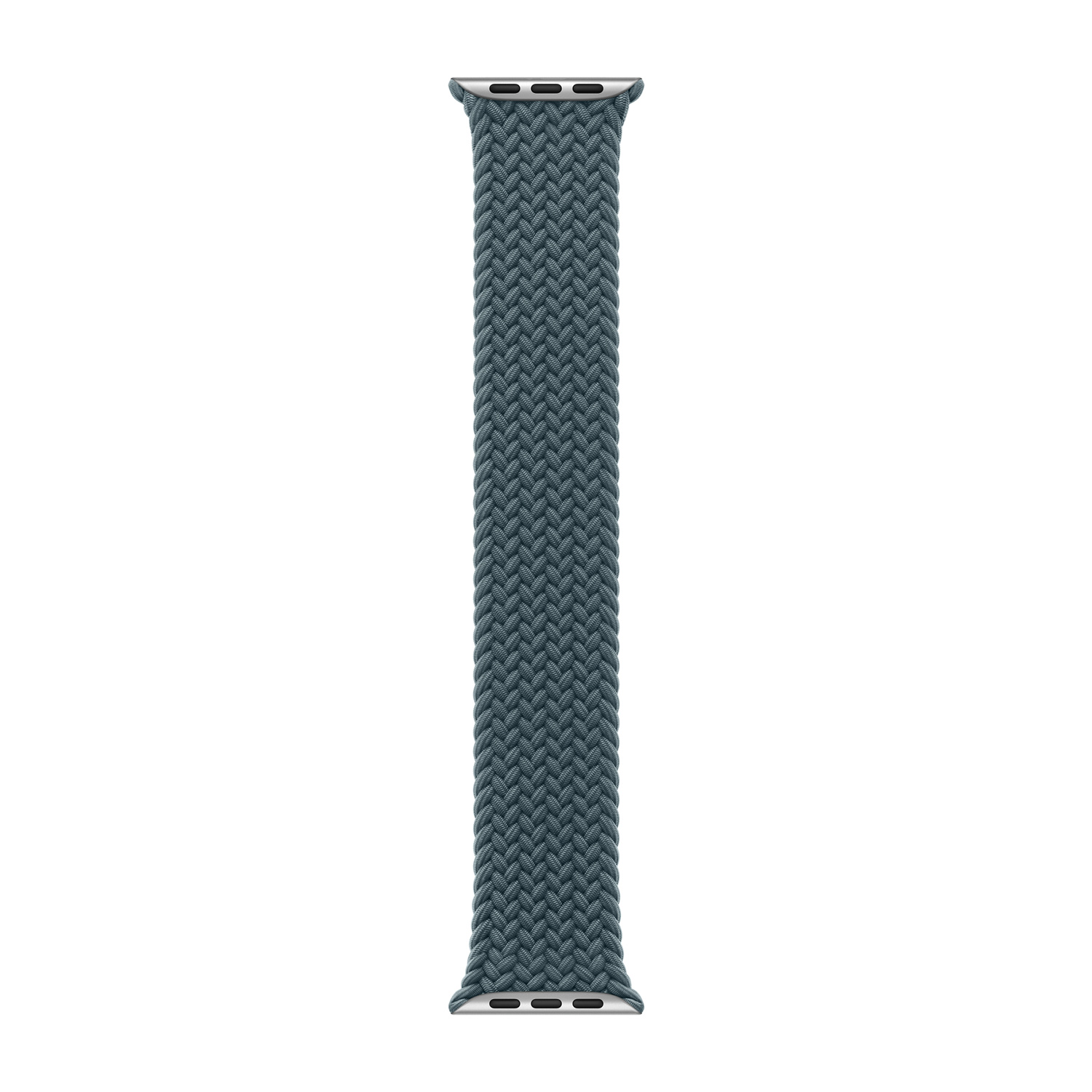Un cinturino Apple Watch grigio scuro in filato intrecciato con connettori argentati.