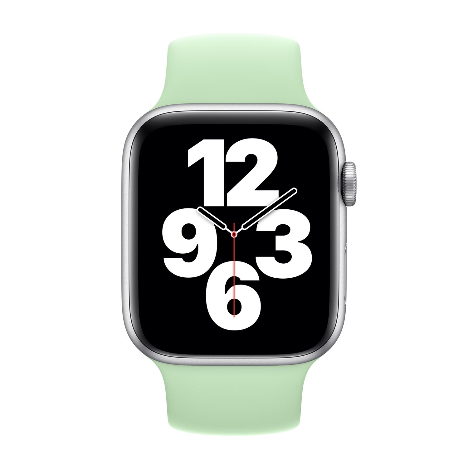 Uno smartwatch verde chiaro che mostra i numeri 12, 9 e 3.