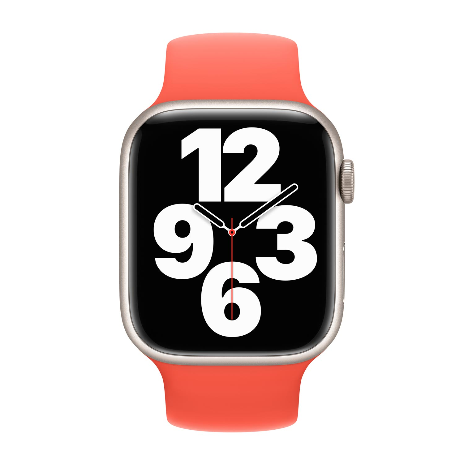 Un Apple Watch con cassa argento e cinturino corallo. Il quadrante mostra numeri grandi.