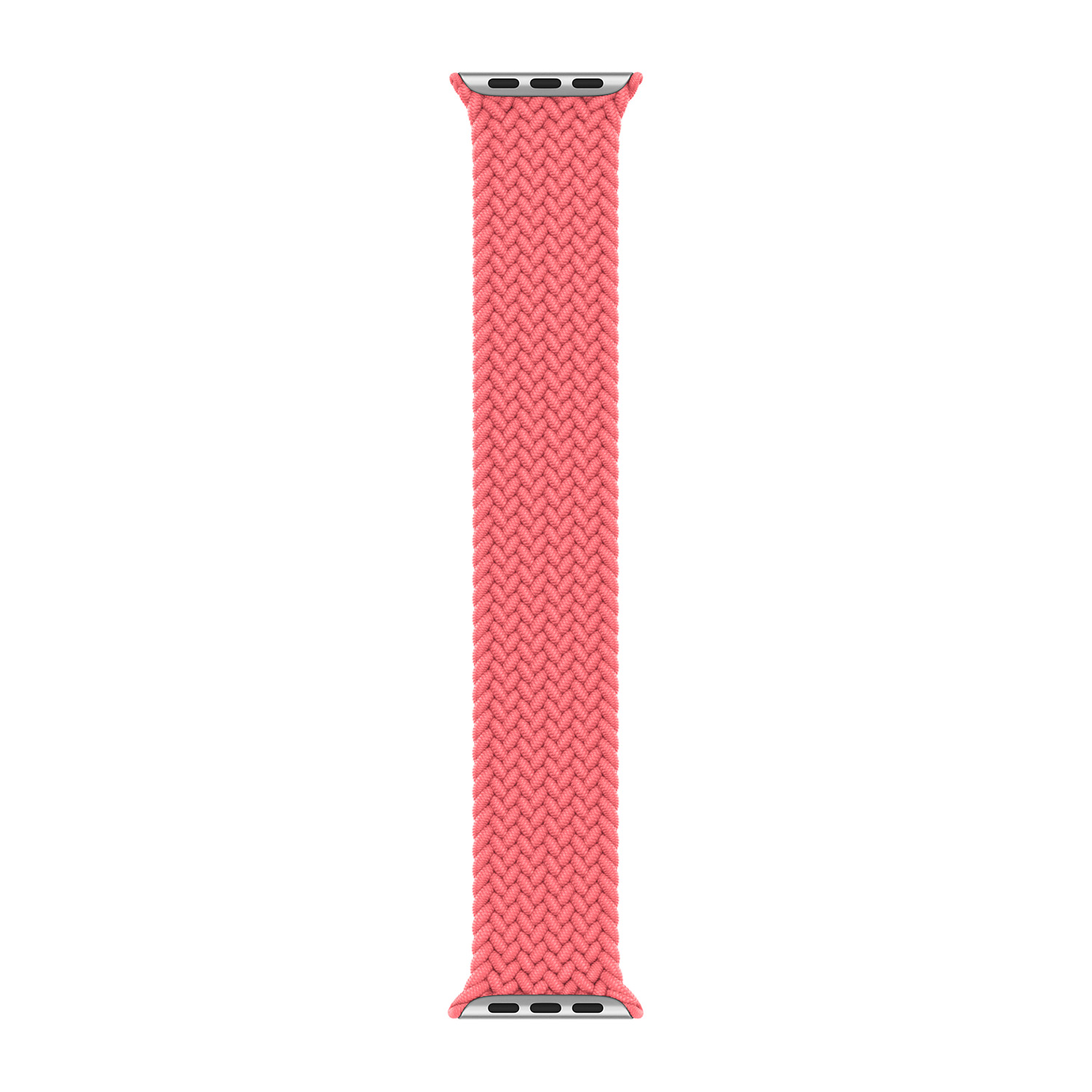 Un cinturino Apple Watch intrecciato color corallo con connettori argento.