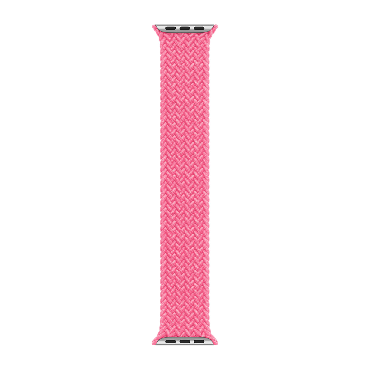 Un cinturino rosa intrecciato per Apple Watch con connettori argentati.