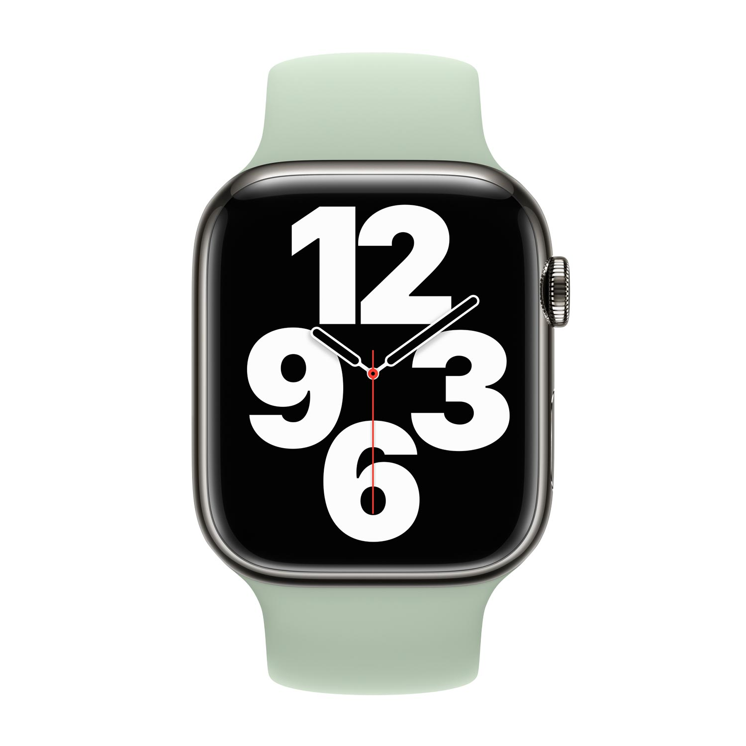 Un Apple Watch verde chiaro con schermo nero che mostra grandi numeri bianchi.