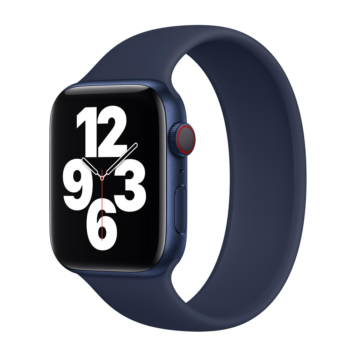 Uno smartwatch blu scuro con display dell'ora digitale sullo schermo.