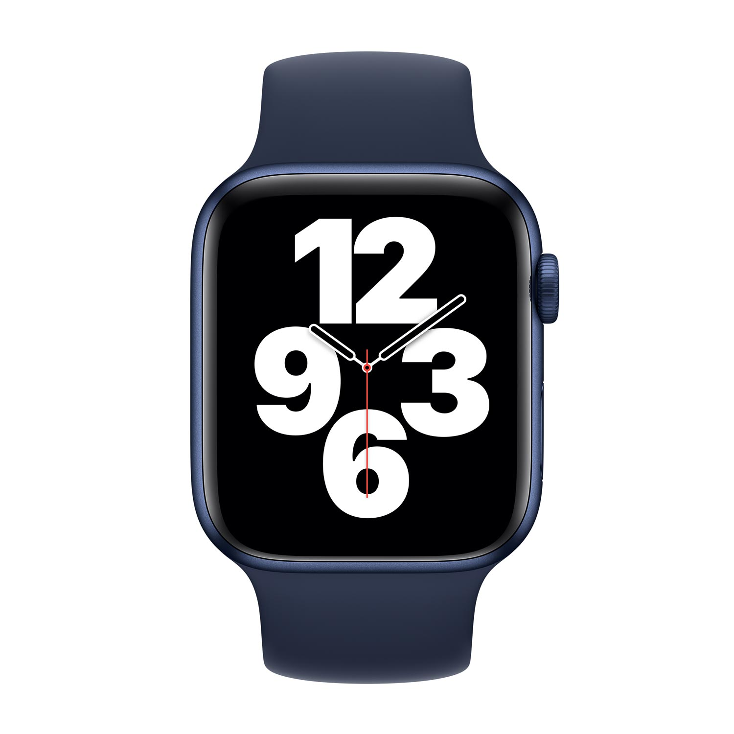 Uno smartwatch blu scuro con quadrante nero e numeri bianchi.