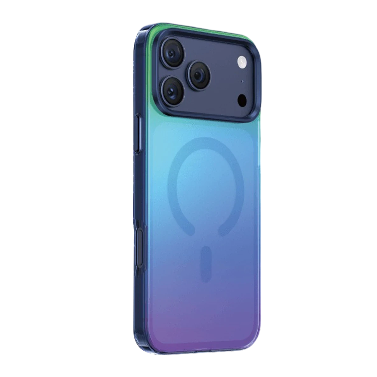 Üç kamera lensli renkli iPhone kılıfı, siyah arka plan üzerinde.