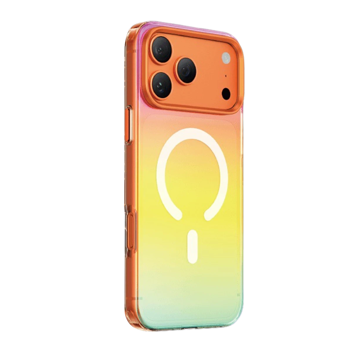 Kamera modülü ve manyetik halkalı turuncu-sarı-yeşil iPhone kılıfı.