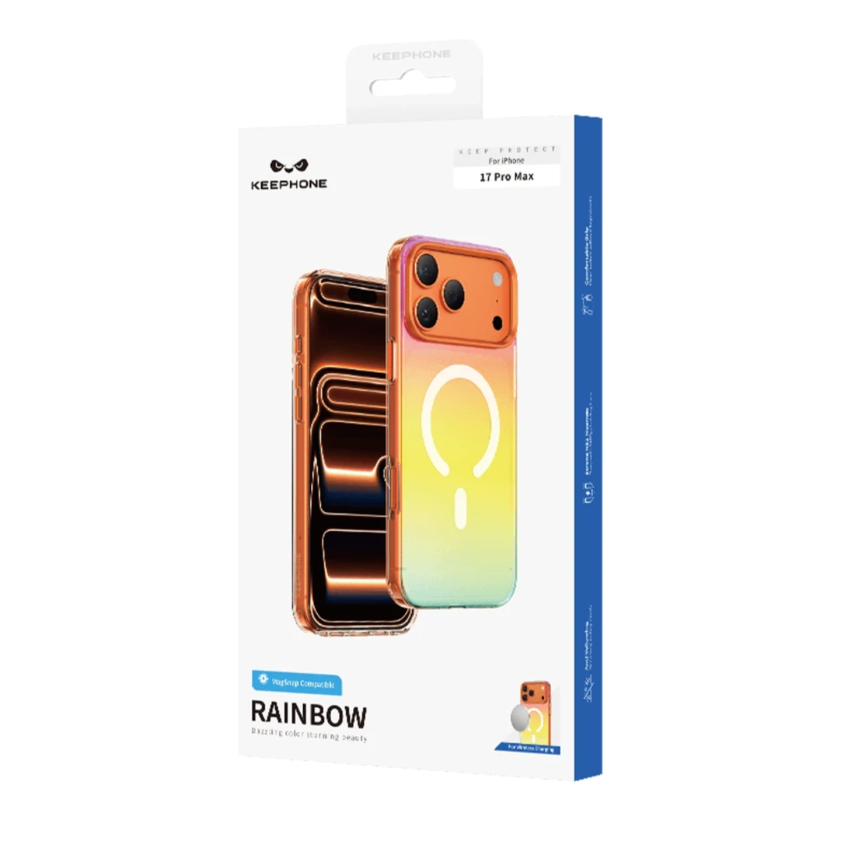 Gökkuşağı geçişli iPhone 17 Pro Max kılıfı için ambalaj.