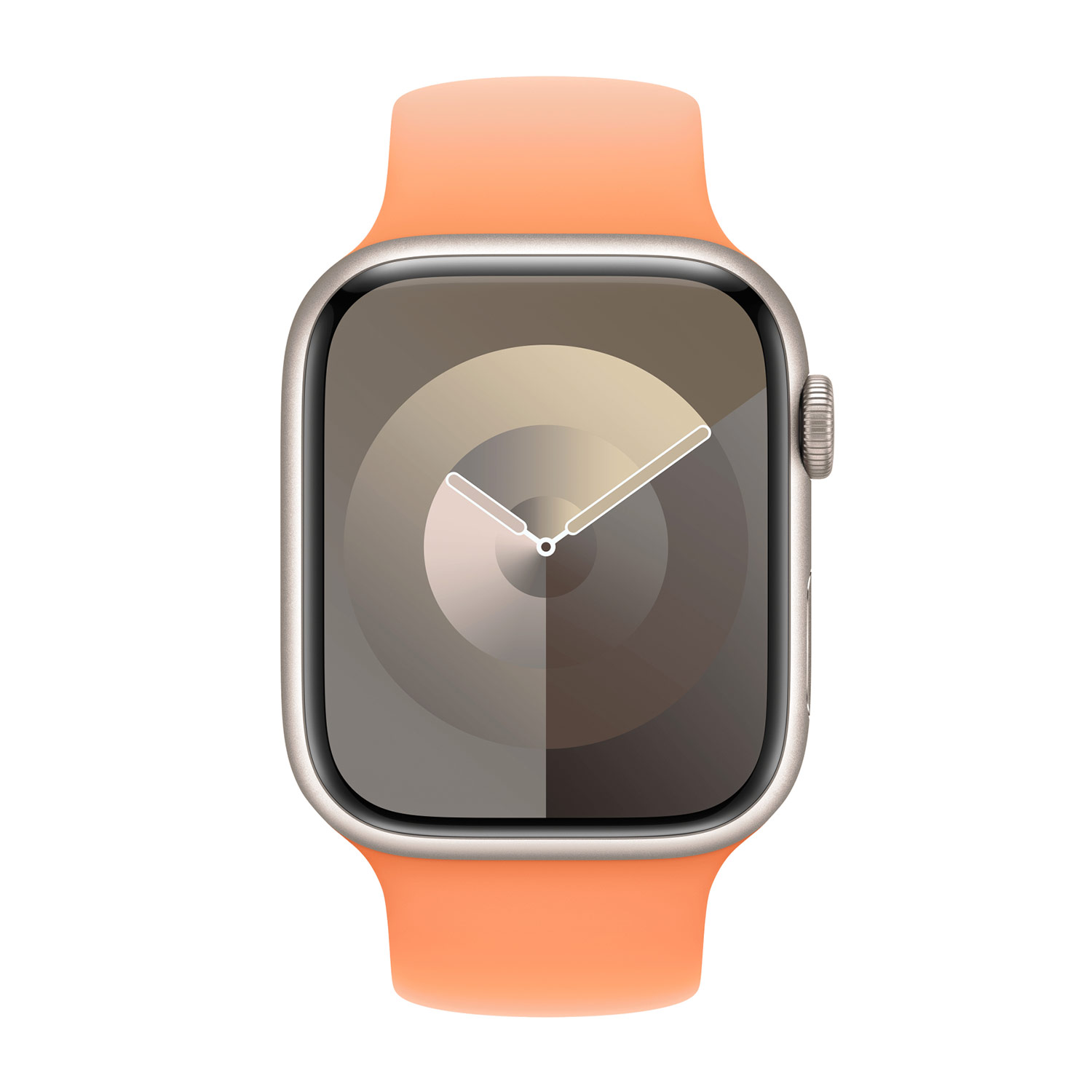 Uno smartwatch argentato con cinturino arancione e quadrante stilizzato.