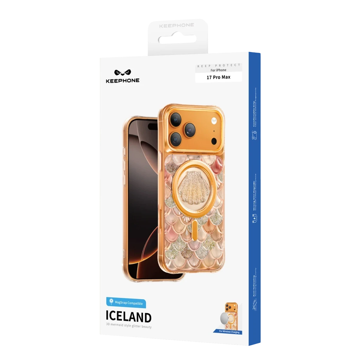 iPhone 17 Pro Max kılıfı, 3D deniz kızı simli ve deniz kabuğu detaylı.