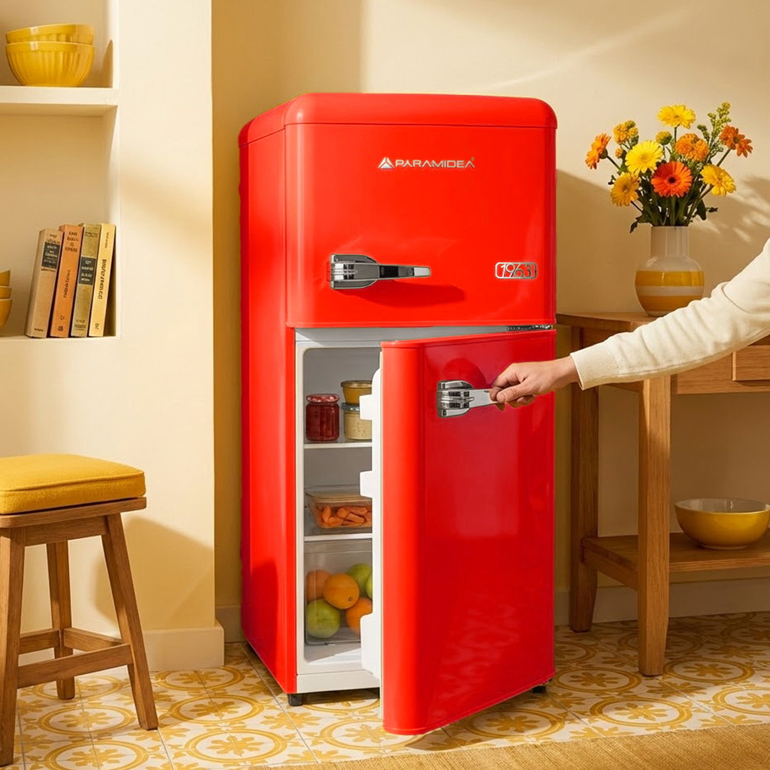 Un frigorifero rosso retrò con la porta aperta, che mostra cibo.