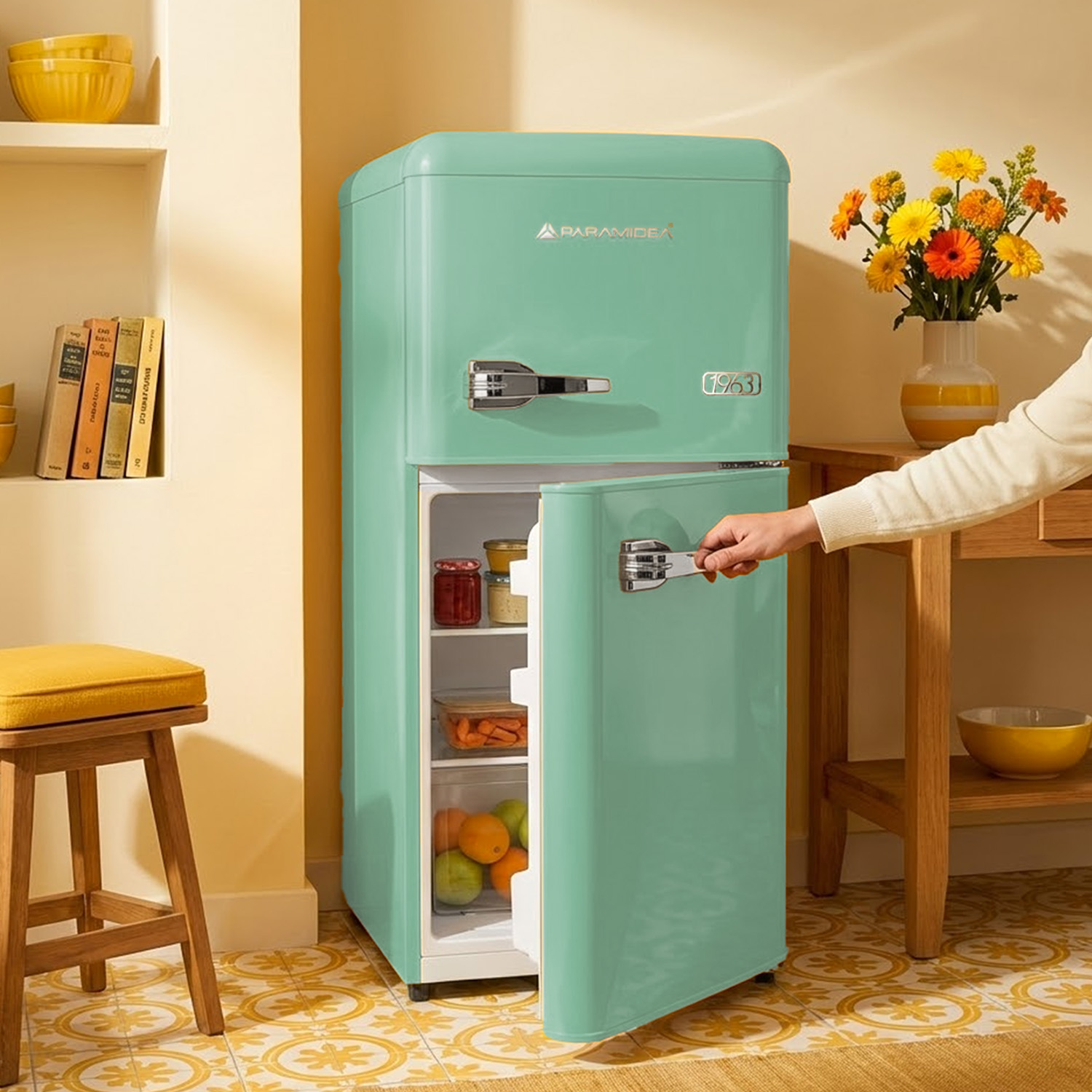 Una persona apre la porta di un frigorifero retrò verde menta. Fiori gialli nelle vicinanze.