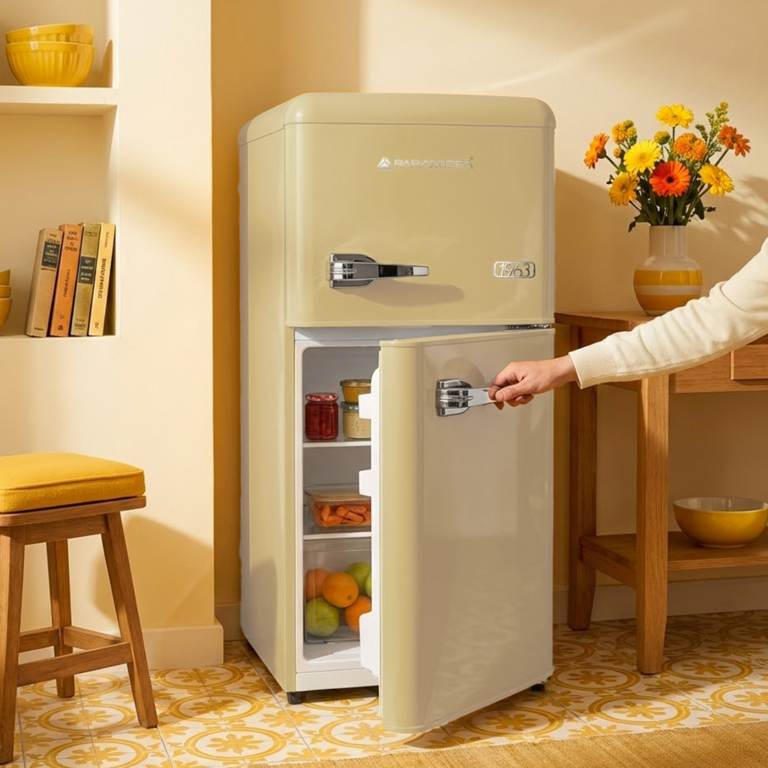 Una persona apre un frigorifero color crema con cibo all'interno.