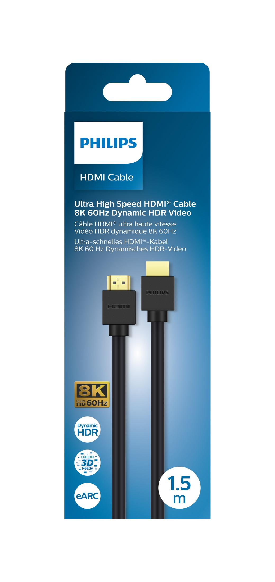 Philips HDMI Kablosu: 8K 60Hz Dinamik HDR, 1,5m. HDMI ve eARC bulunur.