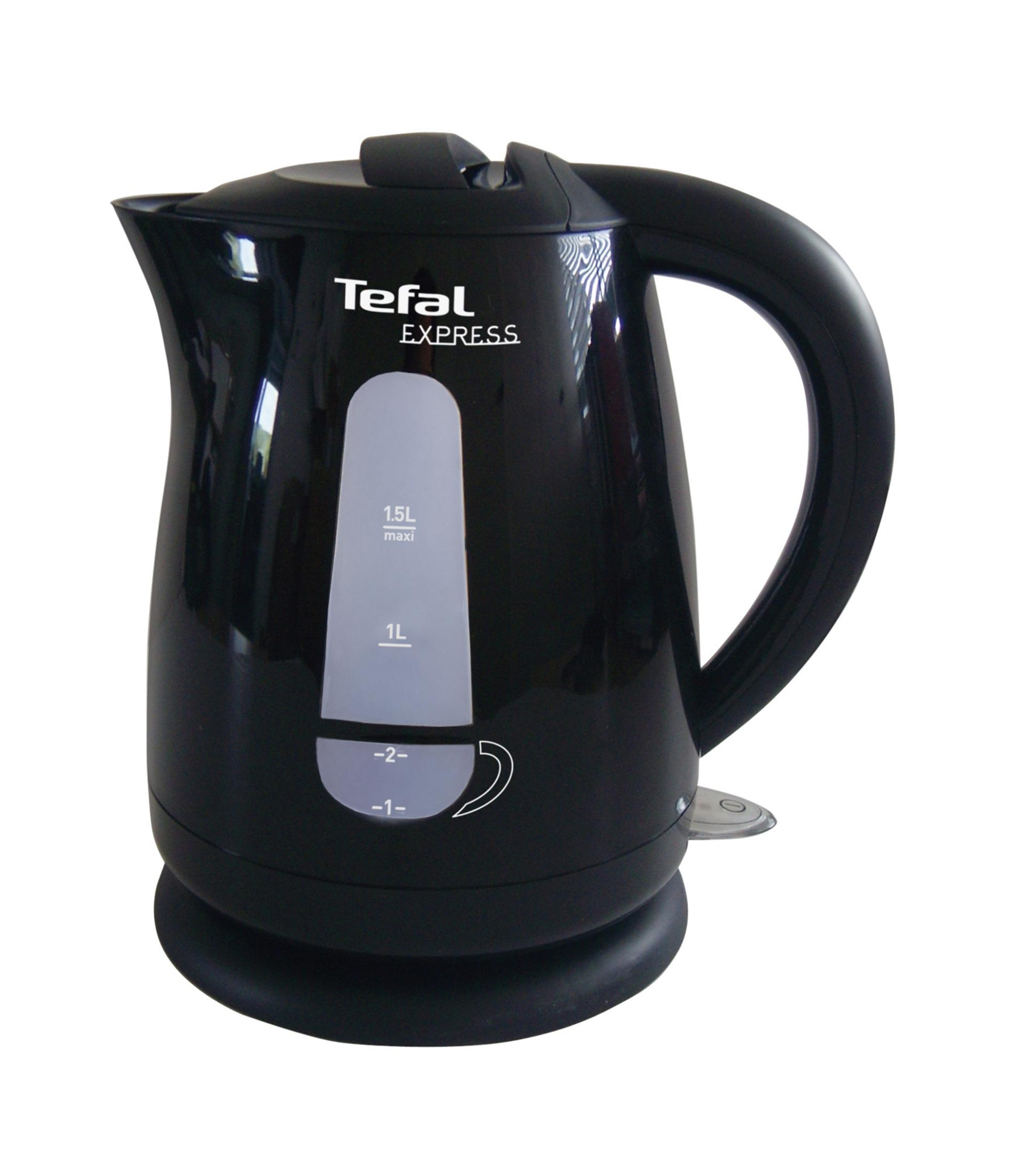 Schwarzer Wasserkocher mit Griff und Wasserstandsanzeige, Marke Tefal Express.