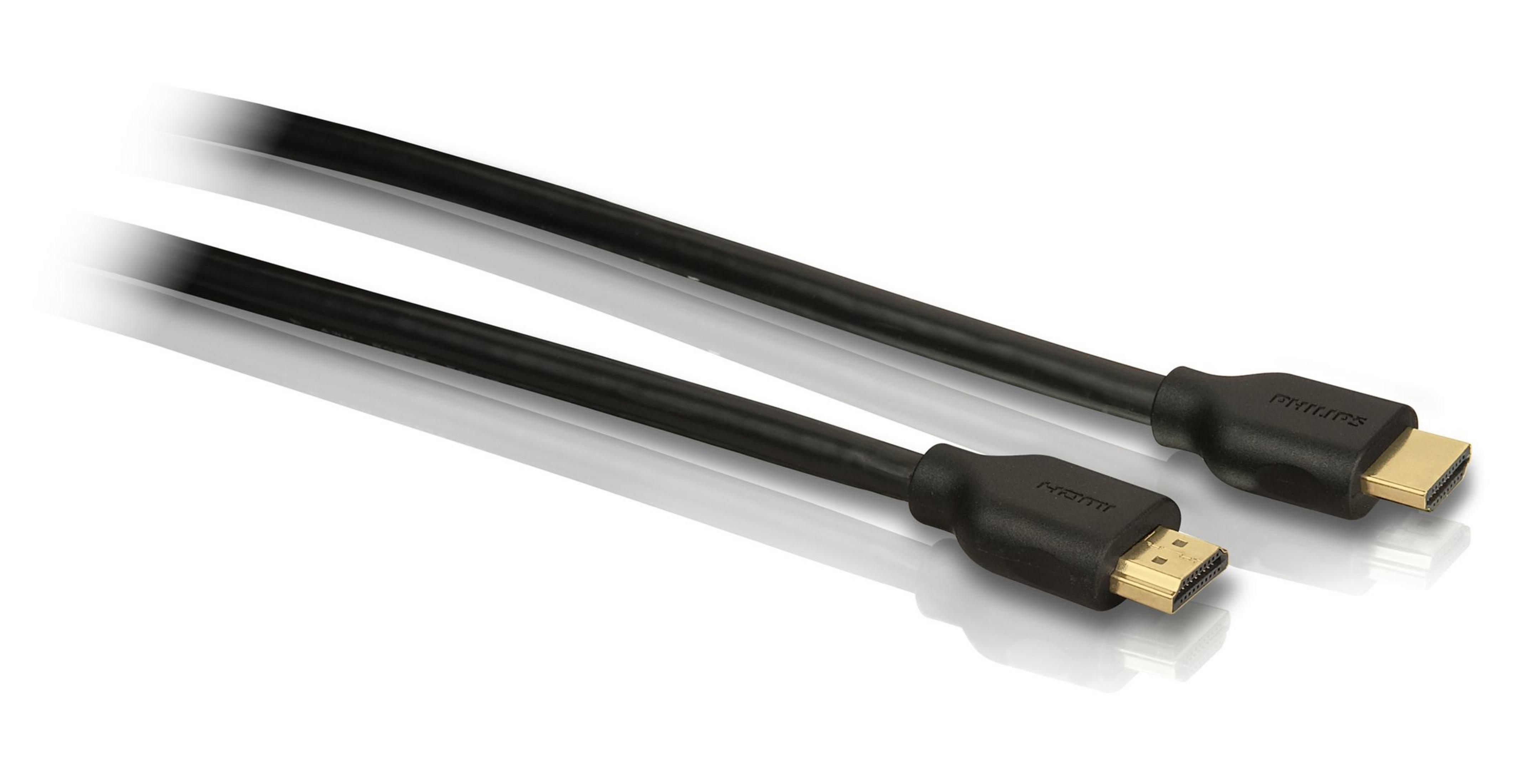 Deux câbles HDMI noirs avec connecteurs dorés sur fond blanc.