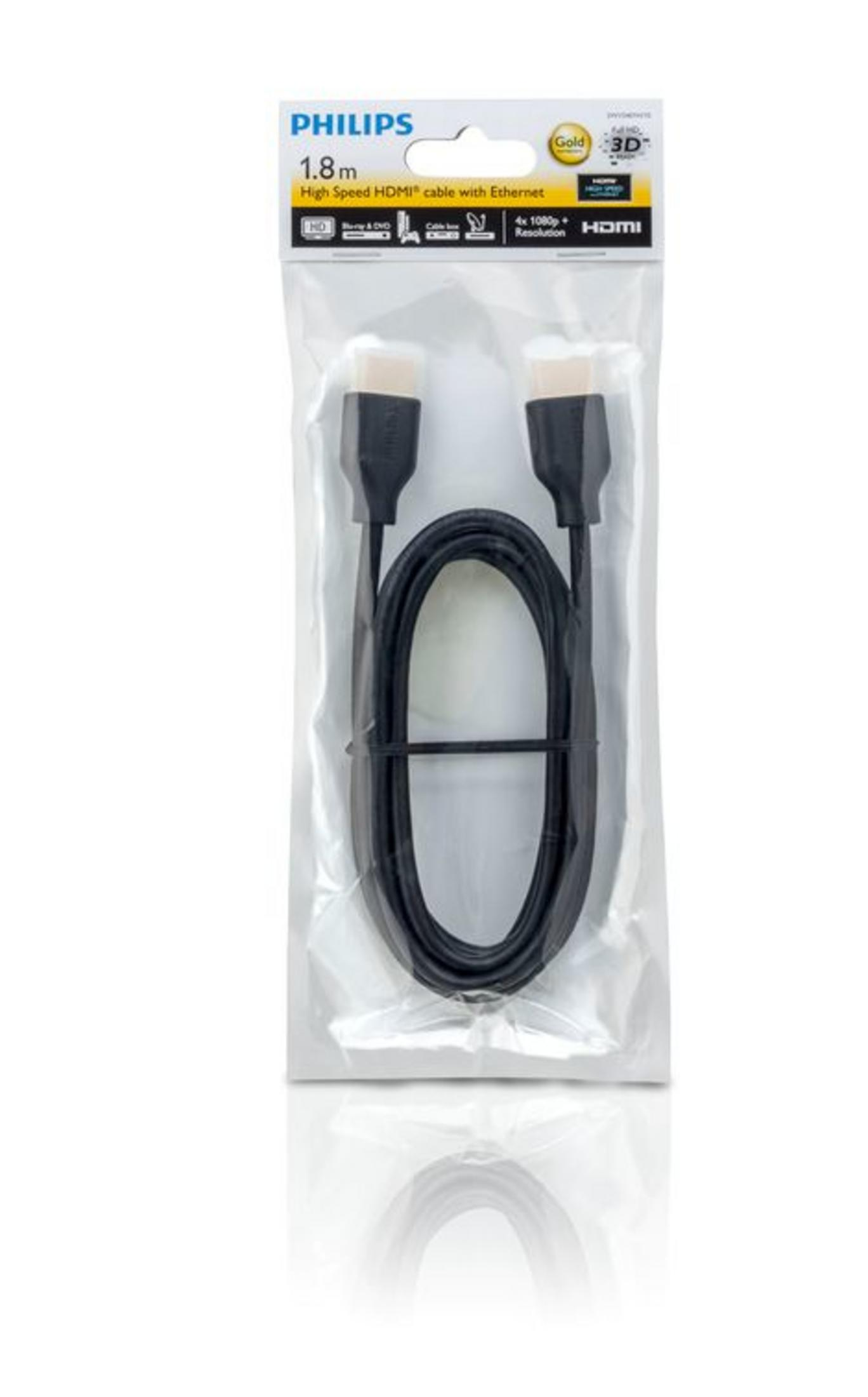 Câble HDMI 1,8 m de Philips avec Ethernet, dans son emballage.