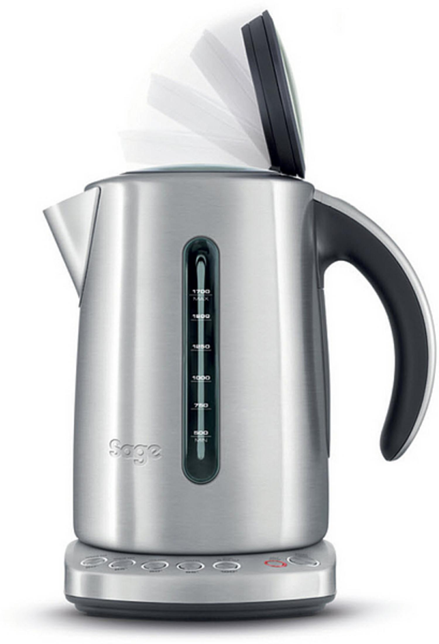 Czajnik elektryczny ze stali nierdzewnej z otwartą pokrywą i wskaźnikiem poziomu wody.