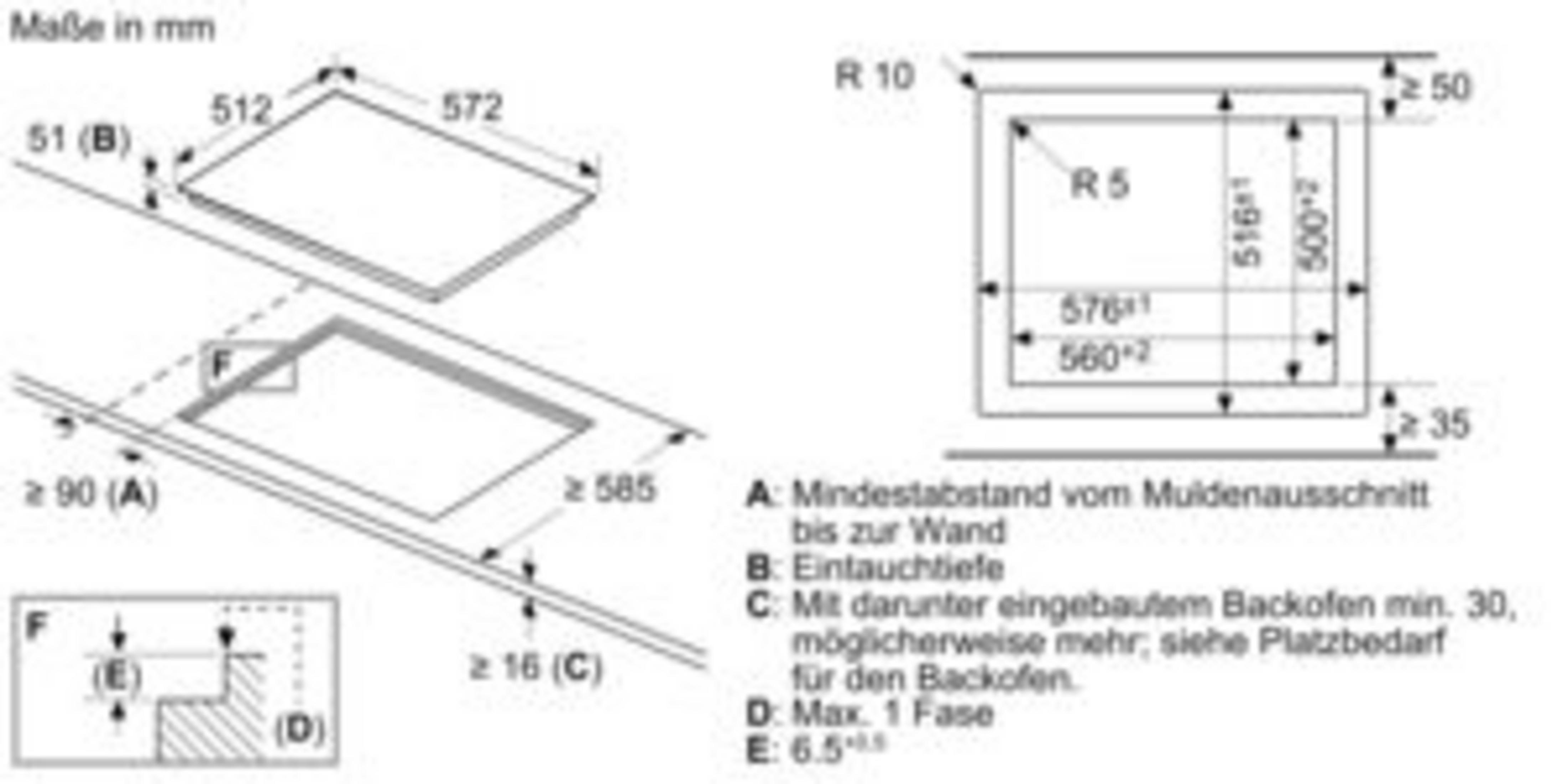 Einbauzeichnung Kochfeld mit Maßen und Hinweisen zu Abständen.