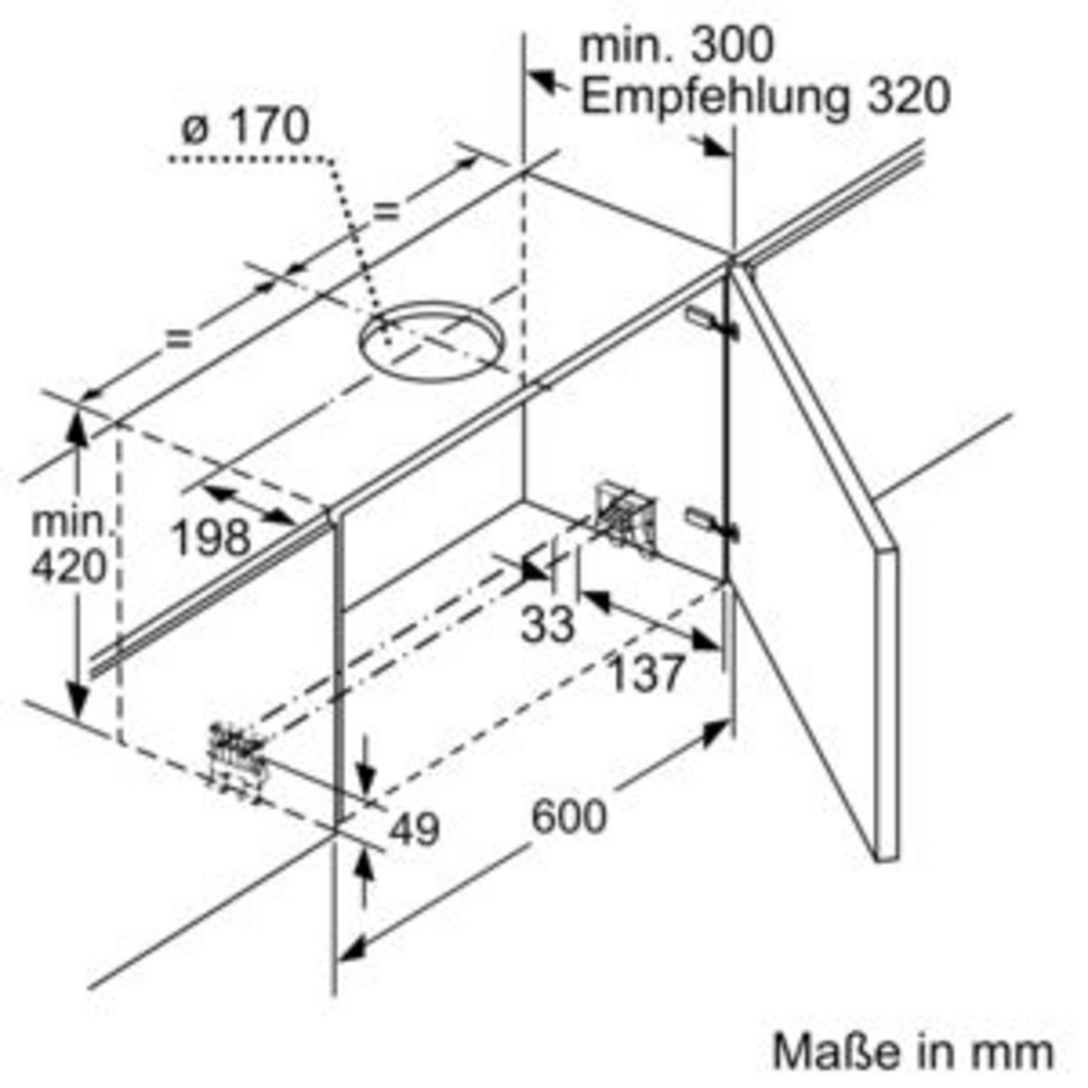 Technische Zeichnung mit Maßen für Einbau. Ø 170mm, min. 420mm Höhe.