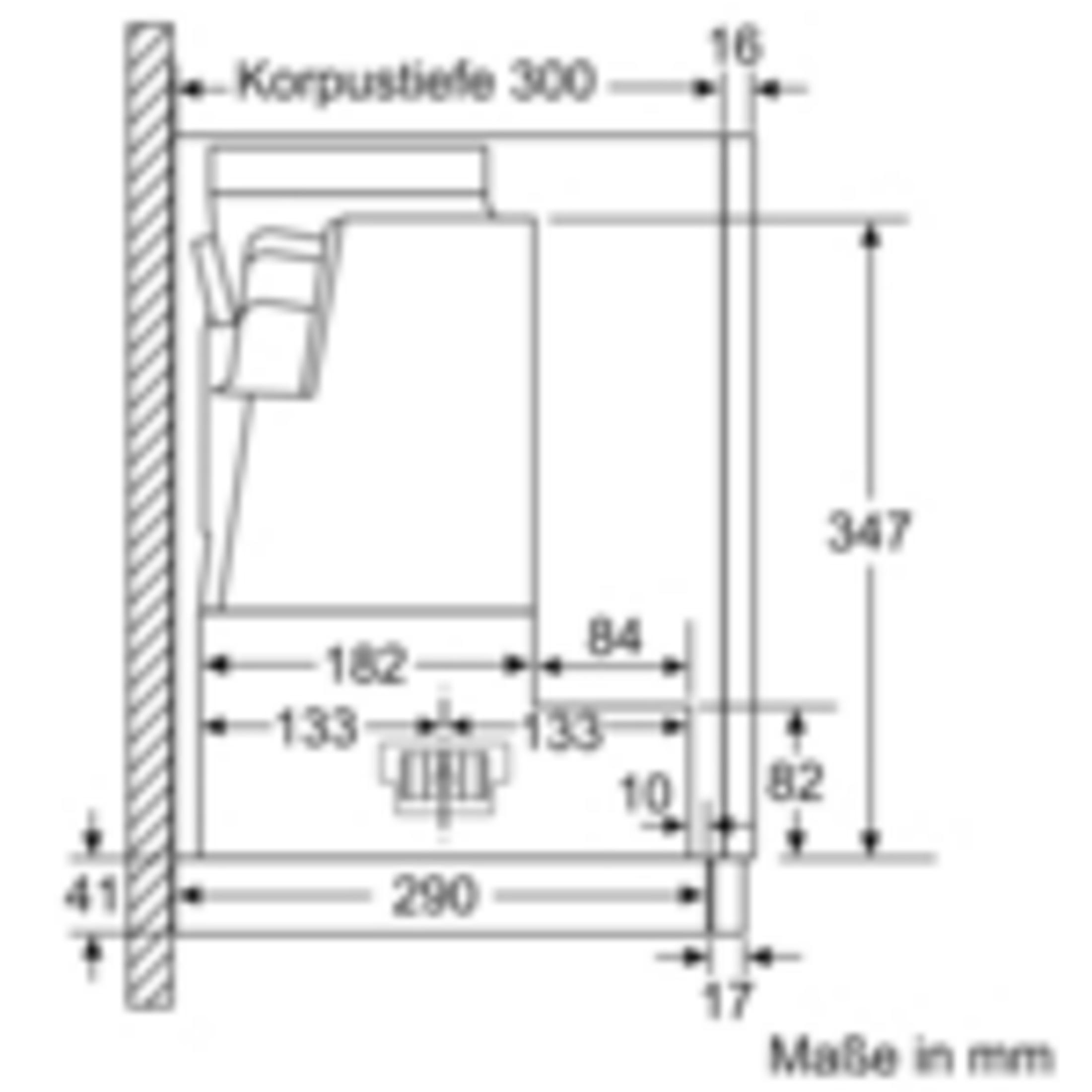 Technische Zeichnung mit Maßen in mm. Korpus Tiefe 300, Höhe 347.