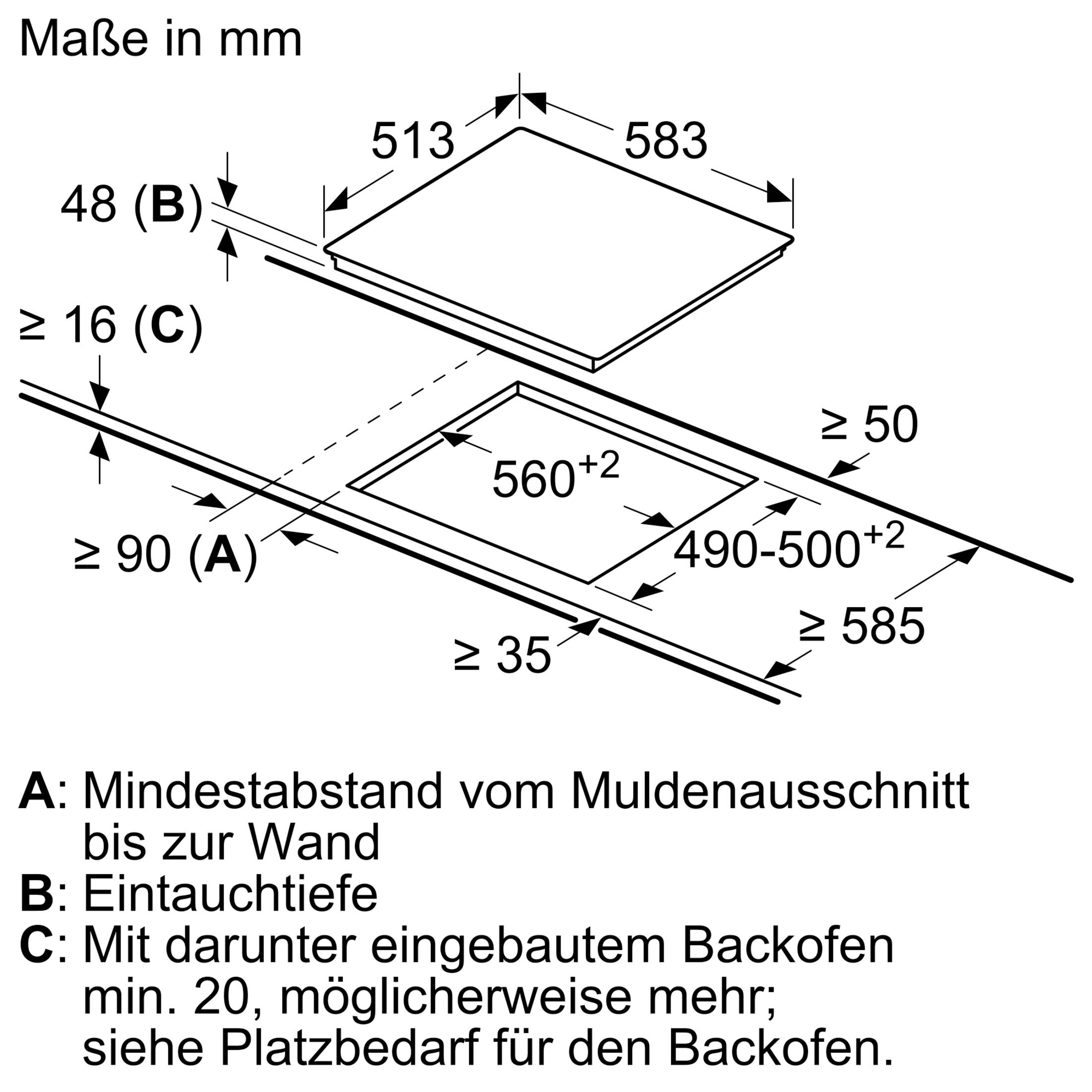 Einbauzeichnung für Kochfeld mit Maßen in mm. A: Mindestabstand zur Wand, B: Eintauchtiefe, C: mit Backofen.