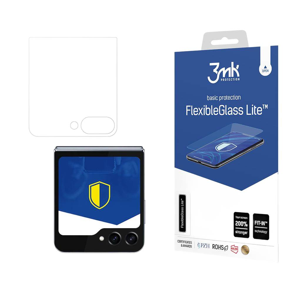 Confezione 3MK FlexibleGlass Lite con telefono pieghevole e protezione schermo.