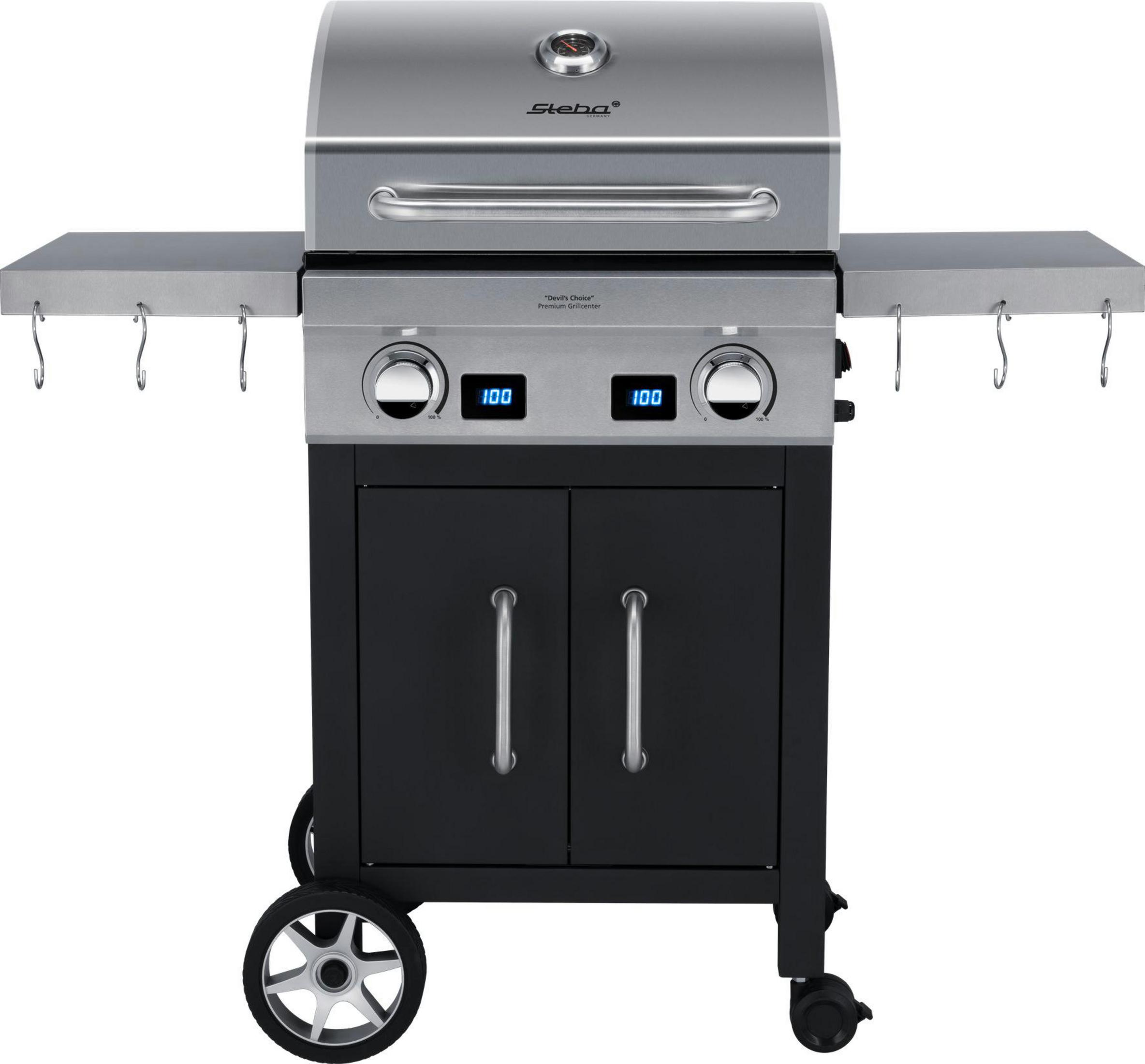 Ein silberner Steba Grill mit schwarzen Türen, Rädern und digitalen Anzeigen.