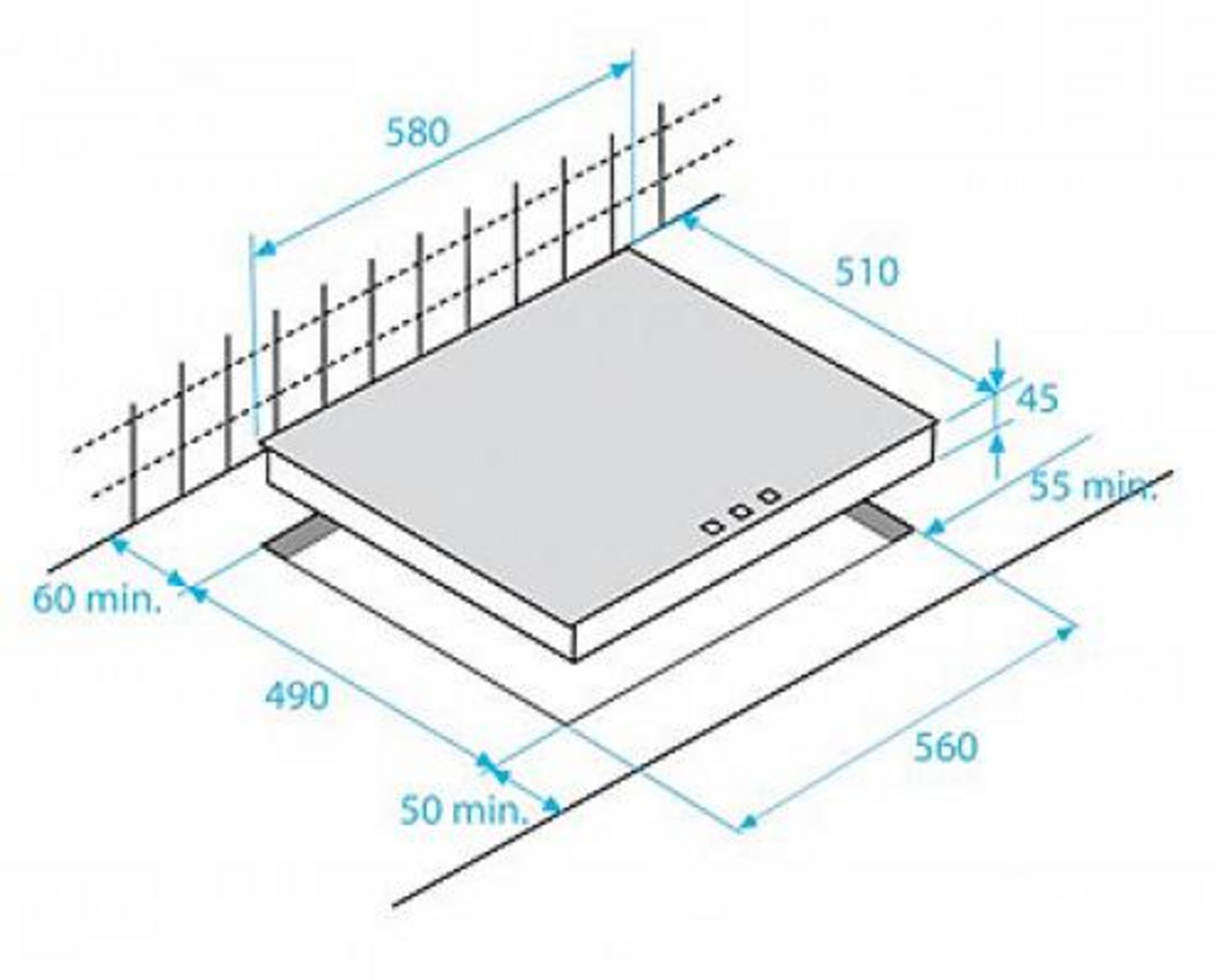 Disegno tecnico di un piano cottura con dimensioni. 580x510 mm.