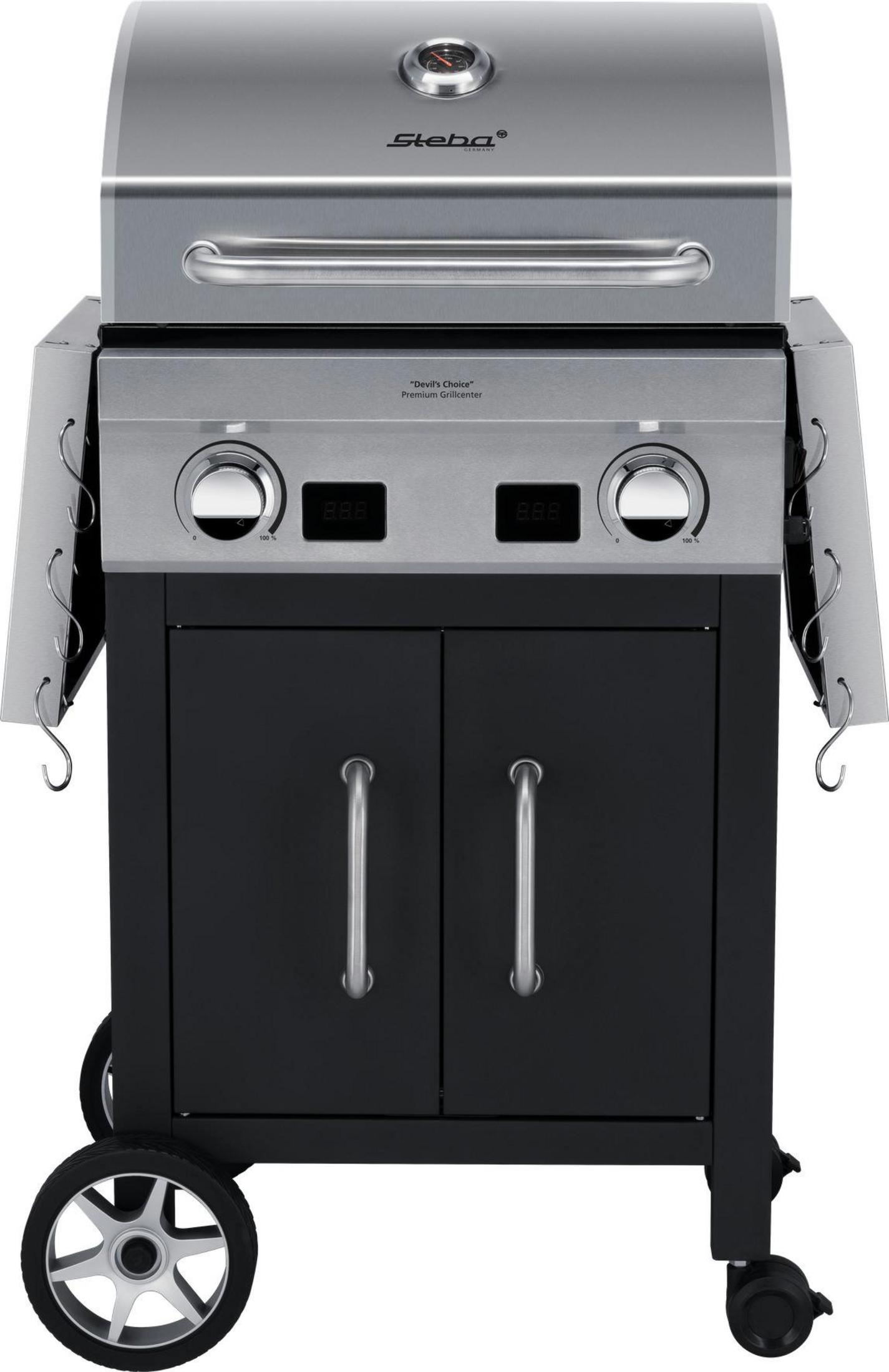Ein silberner Grill mit schwarzem Unterschrank und zwei Rädern.