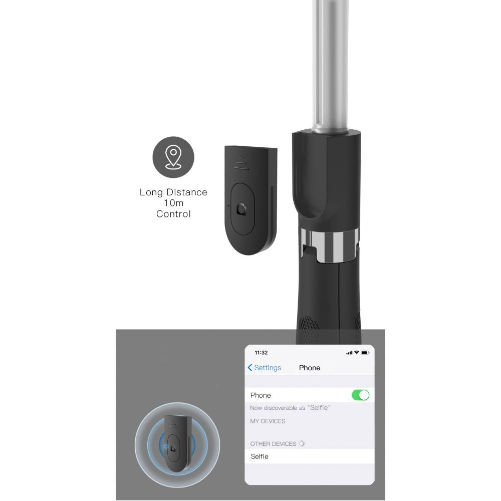 Ein schwarzer Fernauslöser neben einem Selfie-Stick, mit Handy-Einstellungen.