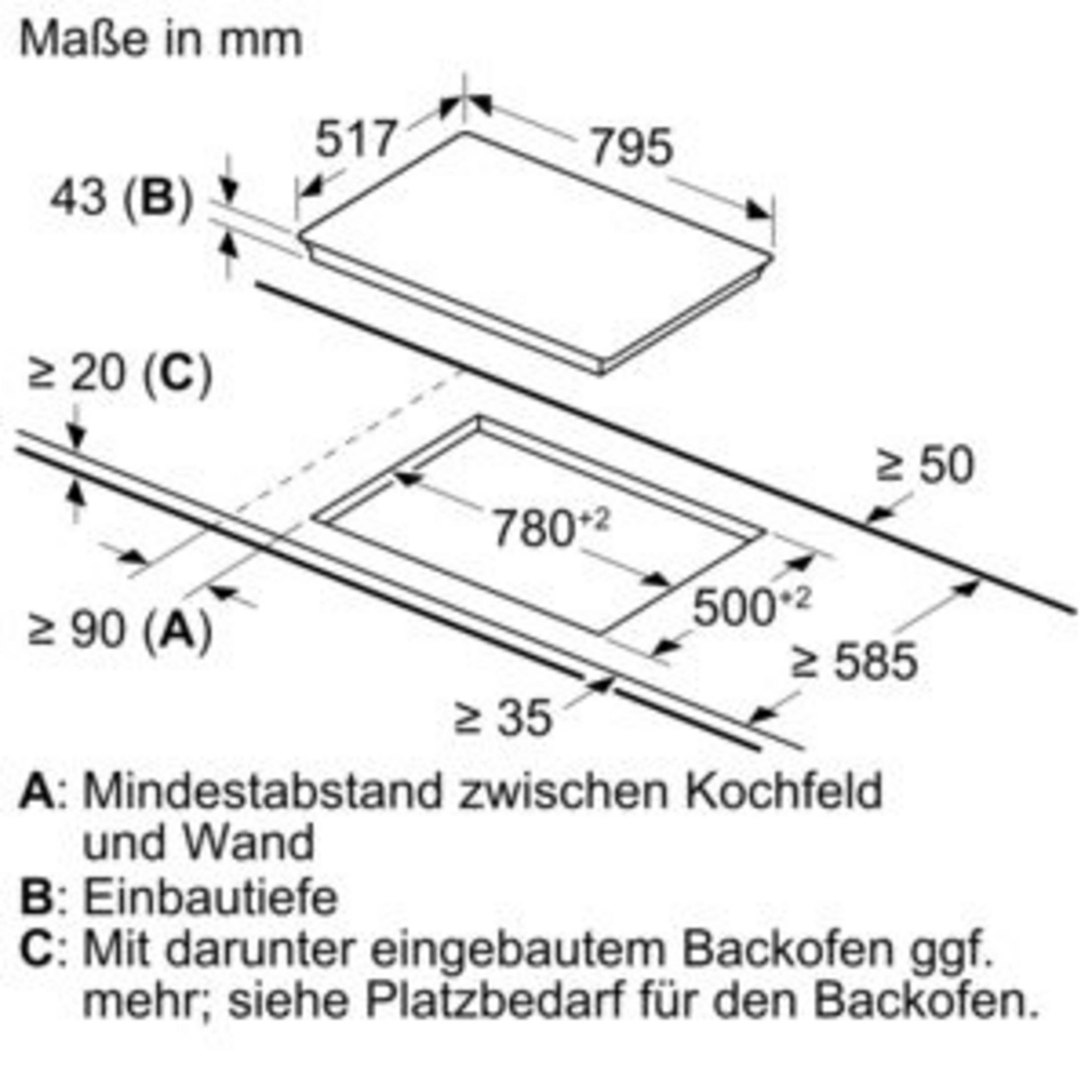 Einbauzeichnung eines Kochfelds mit Maßen in mm.
