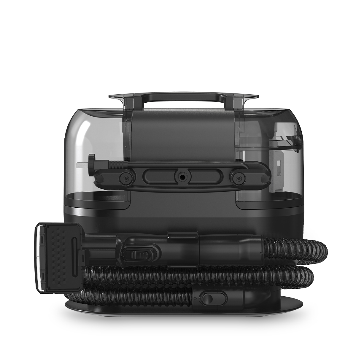 Czarny przenośny czyścik z przezroczystym zbiornikiem, uchwytem i wężem.