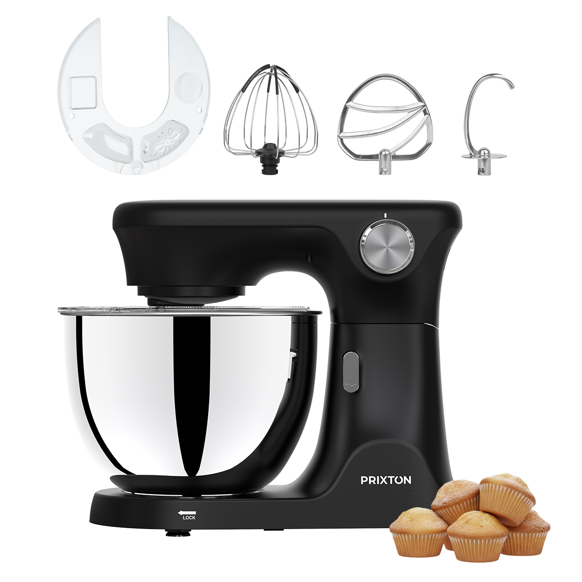Un robot pâtissier noir avec accessoires et muffins.