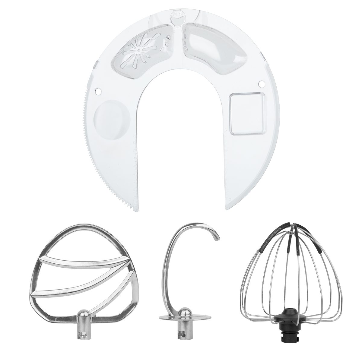 Un accessoire transparent en forme de fer à cheval et trois accessoires métalliques pour robot pâtissier.