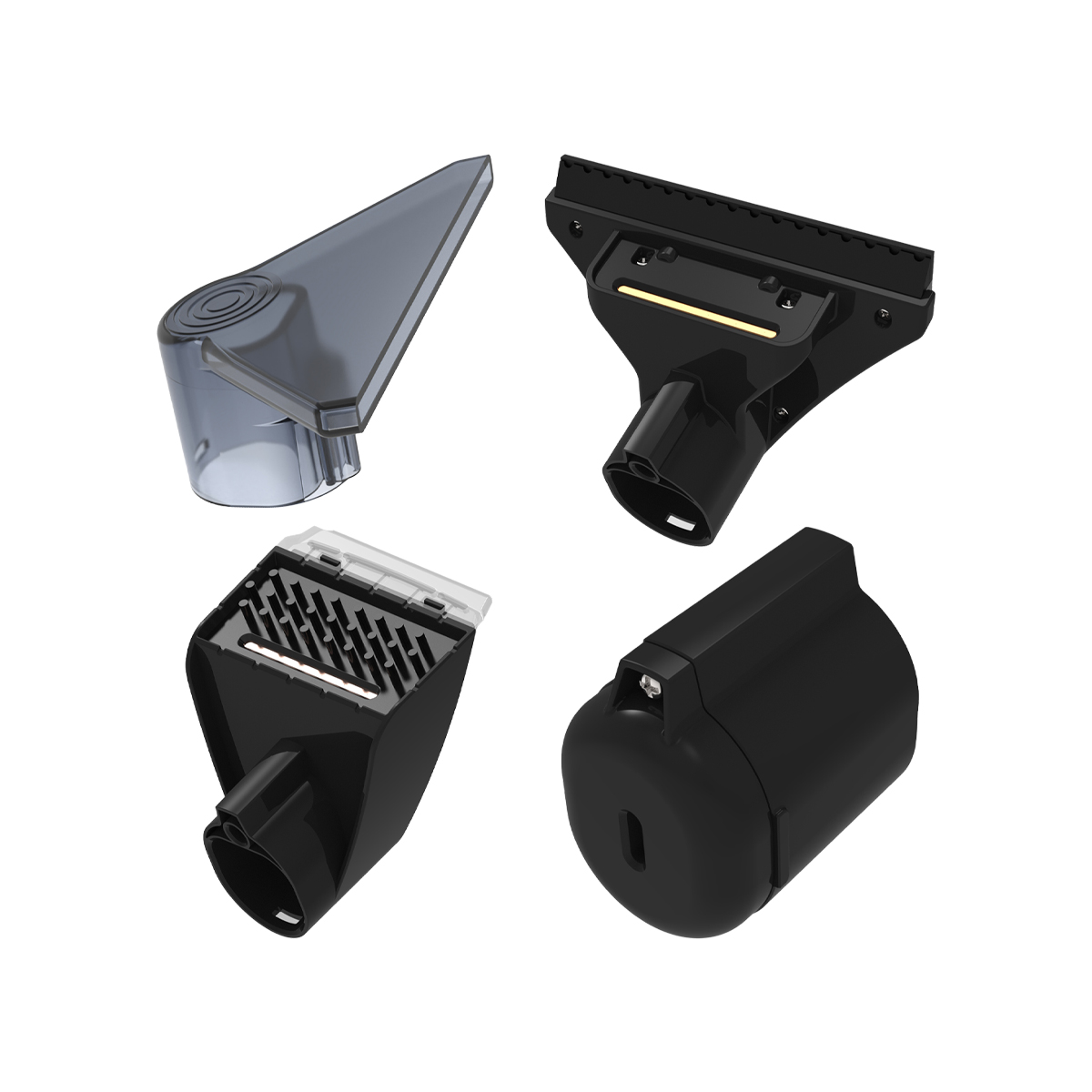 Cztery czarne i jeden przezroczysty dodatek do odkurzacza na białym tle.