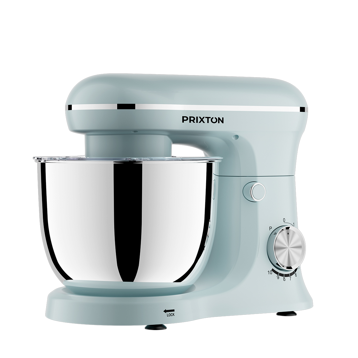 Jasnoniebieski mikser kuchenny z misą ze stali nierdzewnej i pokrętłami.