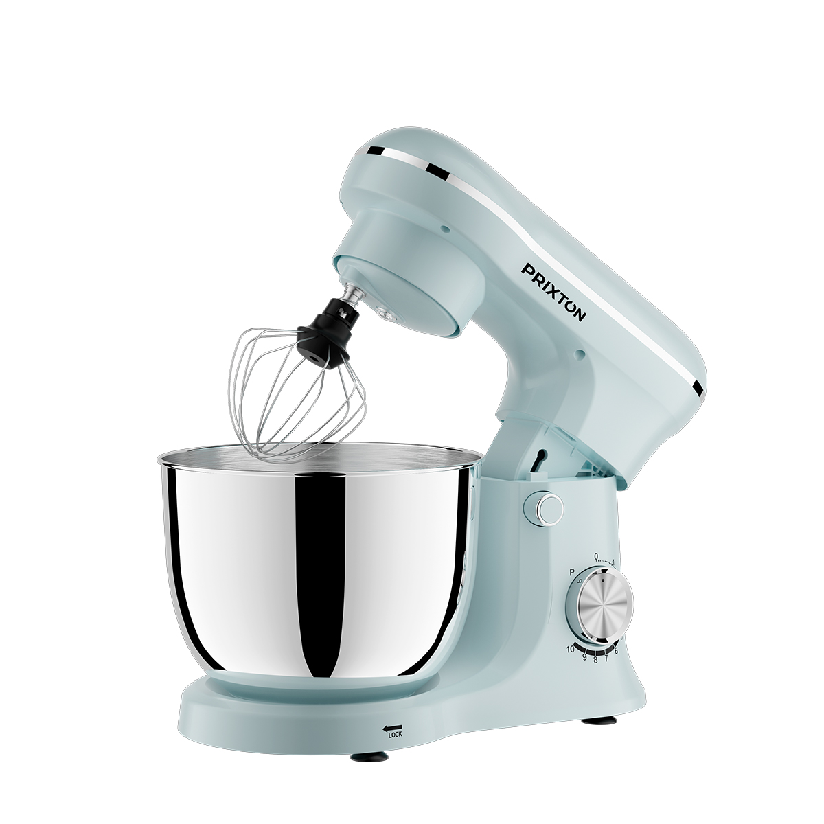 Jasnoniebieski mikser stojący z metalową misą i trzepaczką.