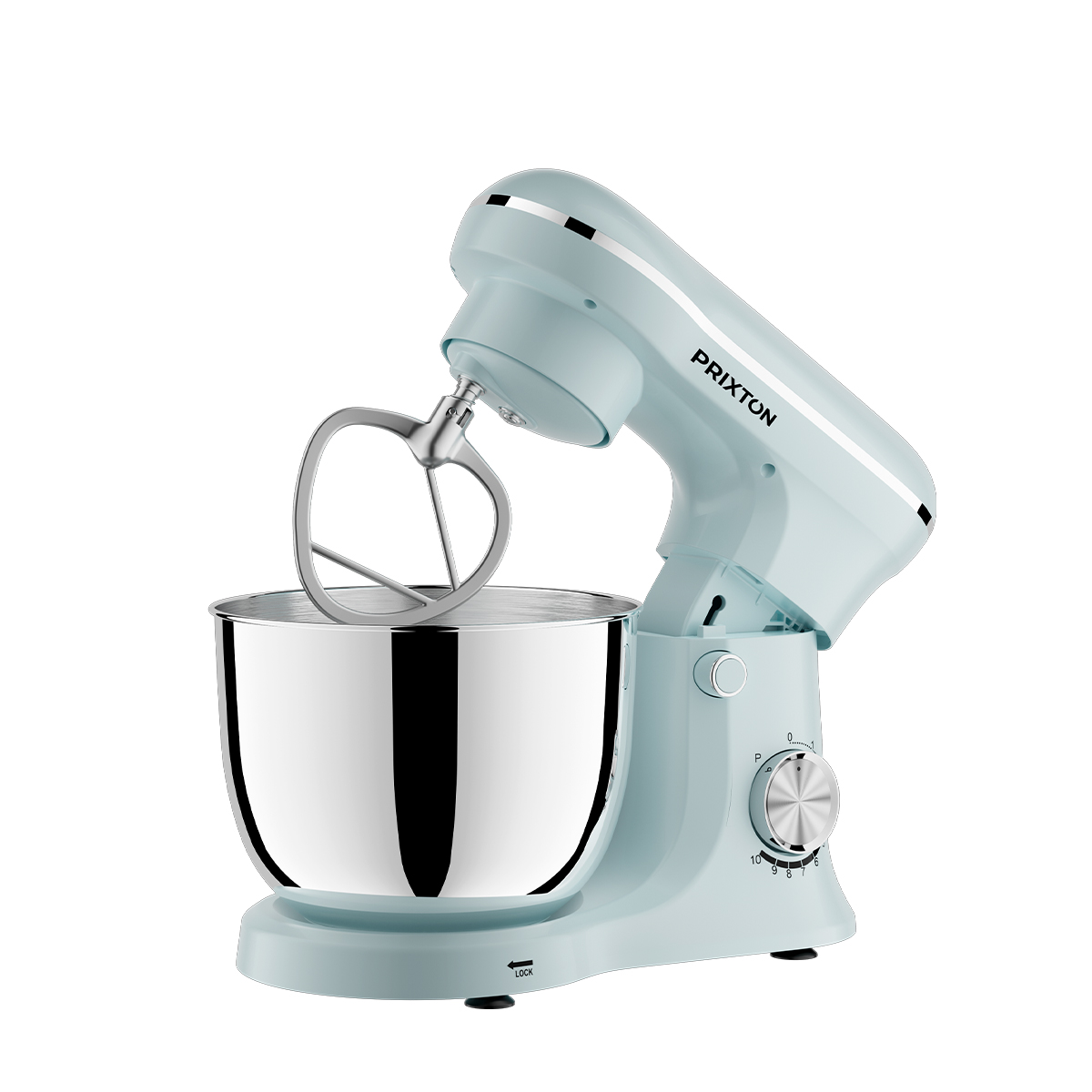 Jasnoniebieski mikser stojący z srebrną misą i mieszadłem.