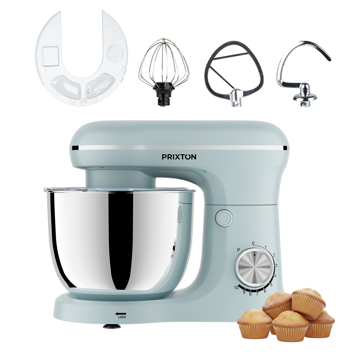Jasnoniebieski mikser stojący z akcesoriami i babeczkami. Zawiera trzepaczkę, hak do ciasta i mieszadło.