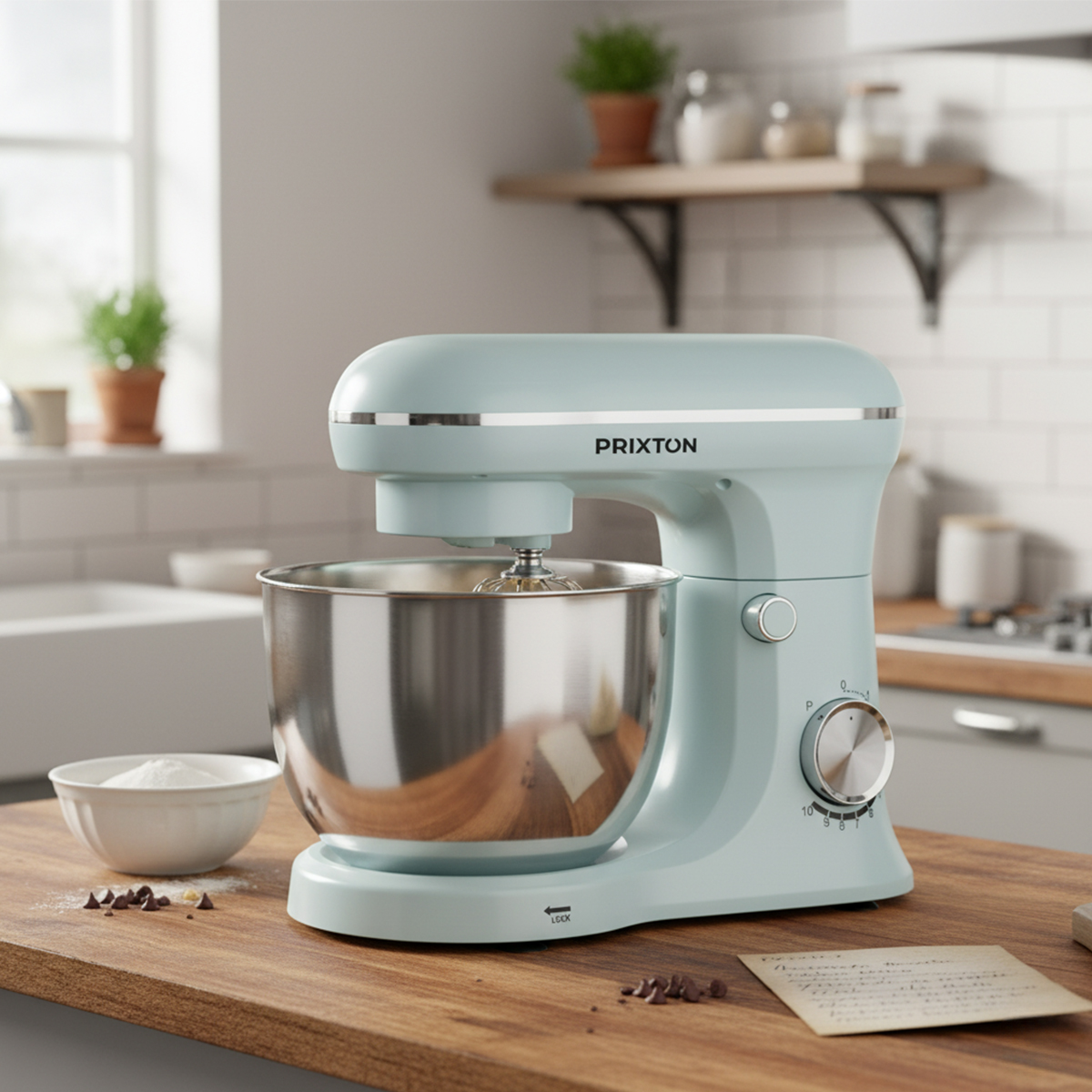 Jasnoniebieski mikser stojący z misą ze stali nierdzewnej na drewnianym stole.