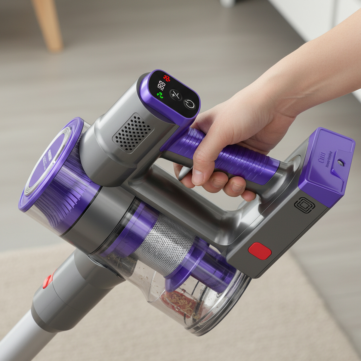 Szary i fioletowy odkurzacz ręczny z cyfrowym wyświetlaczem, trzymany przez rękę.