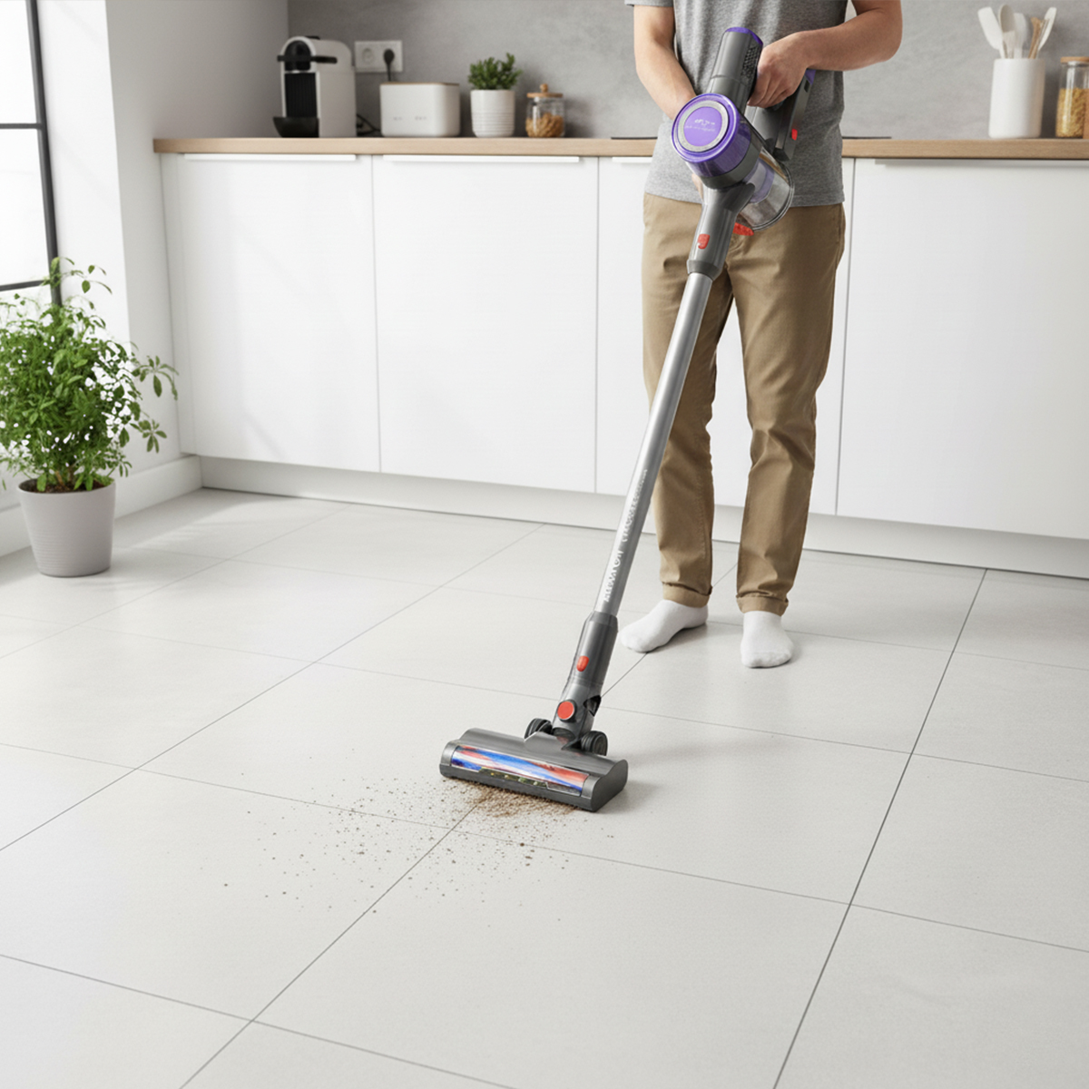 Mężczyzna odkurza okruchy na jasnej podłodze kafelkowej odkurzaczem bezprzewodowym.