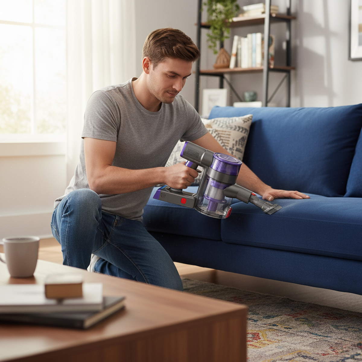 Mężczyzna odkurza niebieską kanapę fioletowym odkurzaczem.