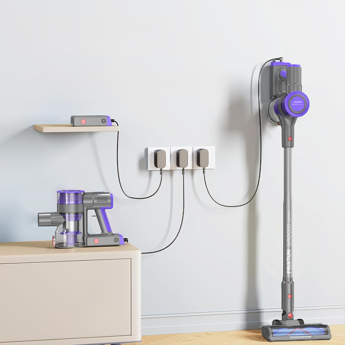 Szary i fioletowy odkurzacz bezprzewodowy stoi, drugi leży na półce.
