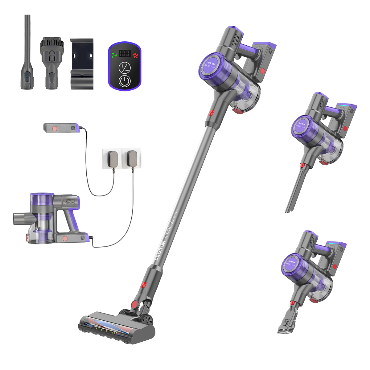 Fioletowo-szary odkurzacz bezprzewodowy z akcesoriami, ładowarką i gniazdkami.